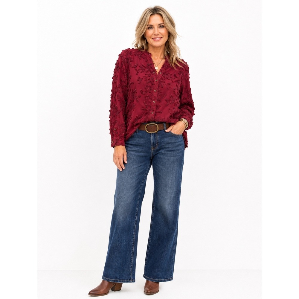 Pilcro Whitney Trapeze Blouse XS Burgundy Floral Embroidered Button Down Top